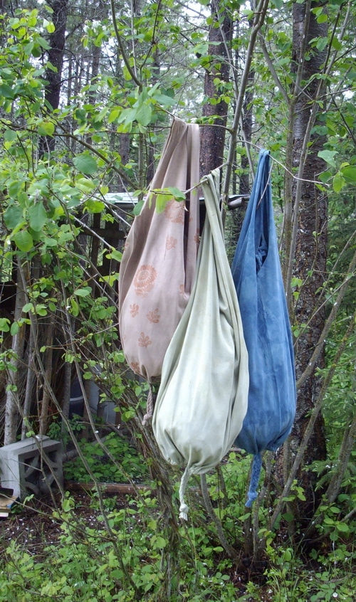 Recycled t shirt bags dyed with homemade dye
