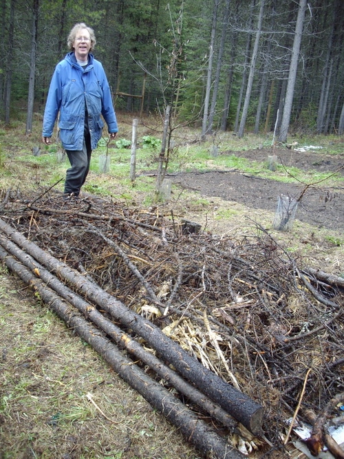 The second layer is wood waste. This can be brush, twigs, logs, whatever you have laying around your homestead.