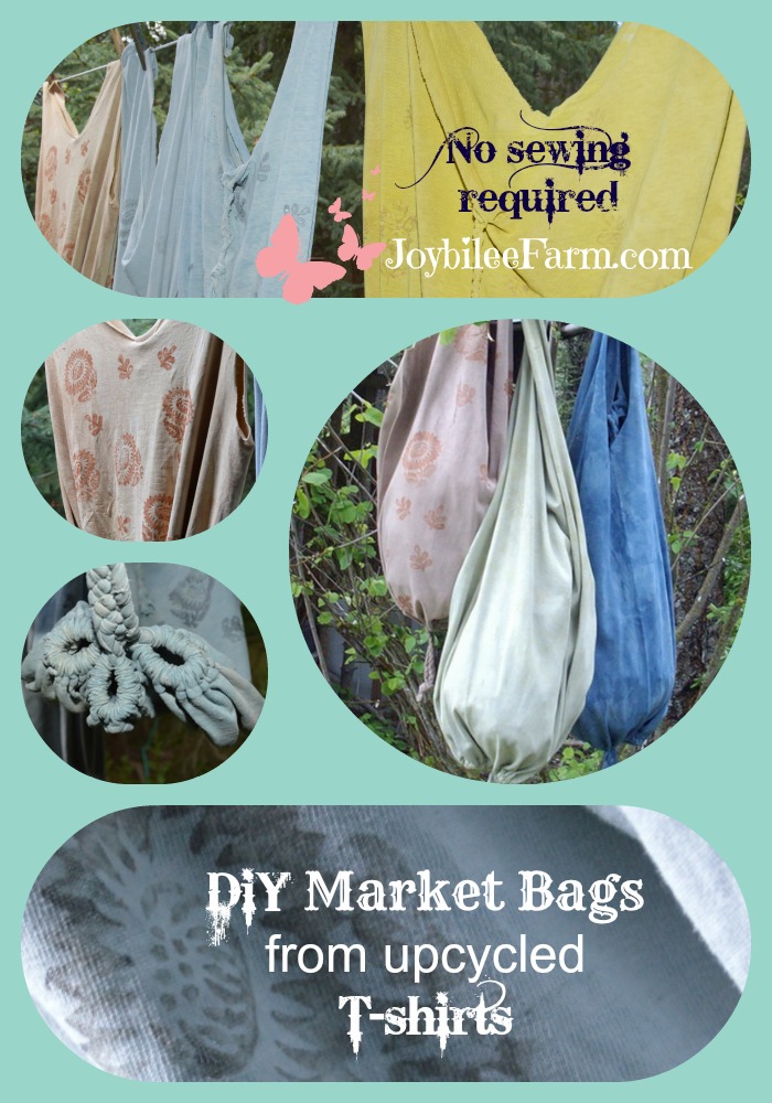 Photo collage of DIY market bags made of t-shirts