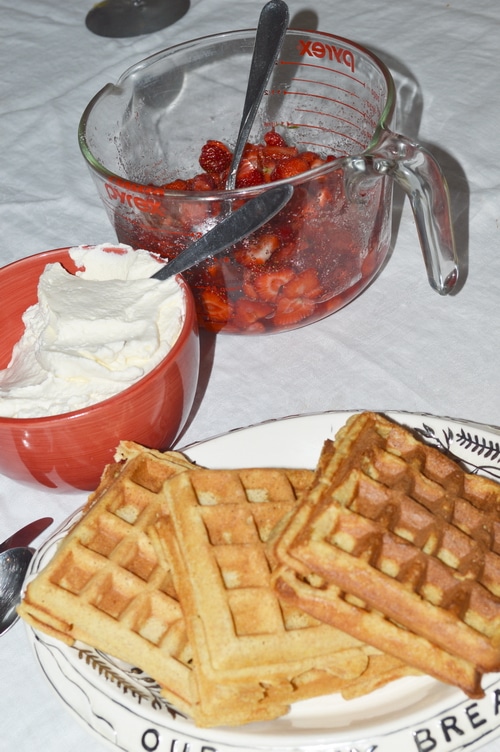 Fresh made waffles, strawberry topping and whipped cream