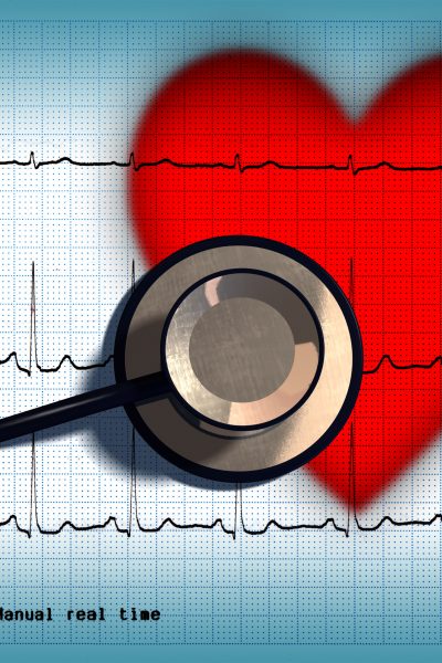 A heart with overlay of a stethoscope and ECG lines