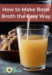 a clear glass of bone broth being poured, with bones on a plate in the background.