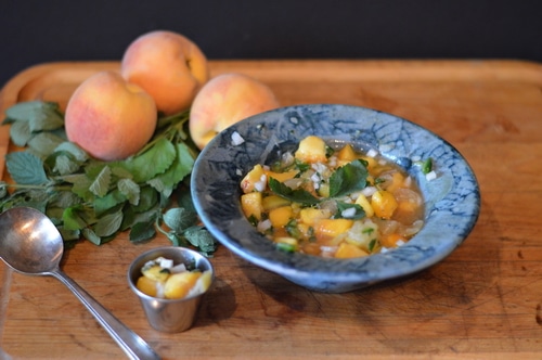 Pink salmon is perfect served with this fresh peach salsa. The juicy fruit and sour-sweet-salty-spicy taste is a perfect complement to the poached fish. Pink salmon has a milder flavour than sockeye or coho salmon, and wears fresh fruit sauces well. How lucky that in BC local peaches and BC wild salmon are in season at the same time!