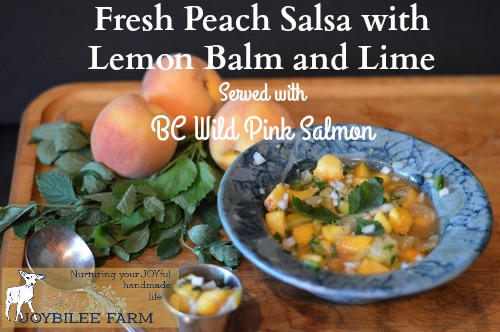 Pink salmon is perfect served with this fresh peach salsa. The juicy fruit and sour-sweet-salty-spicy taste is a perfect complement to the poached fish. Pink salmon has a milder flavour than sockeye or coho salmon, and wears fresh fruit sauces well. How lucky that in BC local peaches and BC wild salmon are in season at the same time!