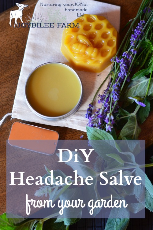 Headache salve in a tin, beeswax , lavender blossoms and peppermint on a table