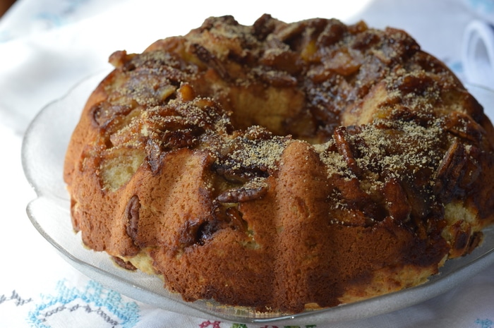 I made up this Maple Apple Bundt Cake to use up the last of our storage of golden delicious apples. If you’ve got apples from last fall’s harvest they will be soft and somewhat shrivelled on the first day of spring. This is the perfect use for those kinds of apples. In fact, my friends were picking the baked apple pieces off the top of the cake while they were waiting for dessert to be served. Win-Win!