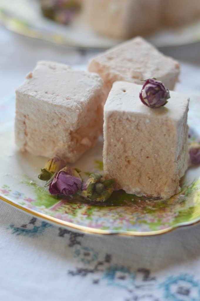 These healthy marshmallows are made with roses. They are a sweet, light finish to a meal, that also helps with digestion, reduces inflammation, and lifts the mood.