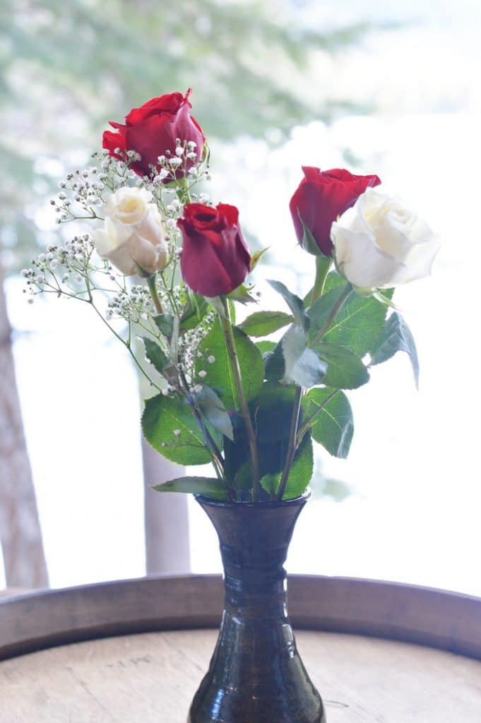Red and white roses in a bouquet