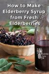 Elderberry syrup in a glass bottle and fresh elderberries in a basket