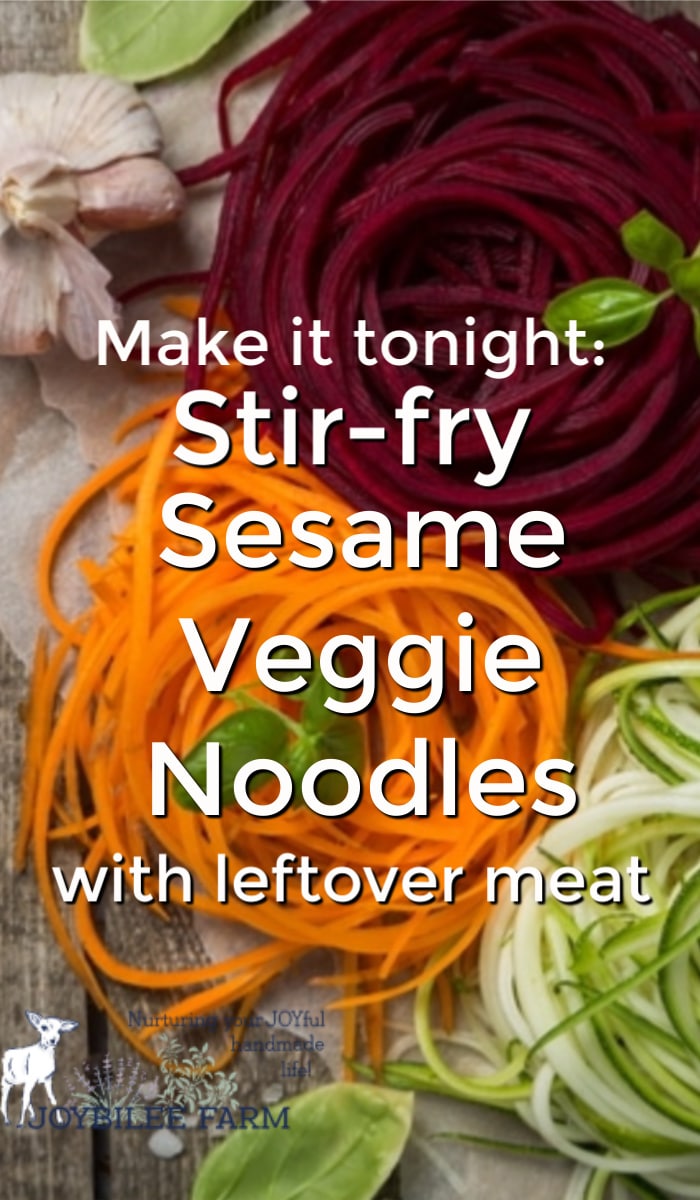 Sesame veggie noodles are easy to make with the bountiful harvest of autumn.  Zucchini noodles are not the only option though.  Carrots, beets, parsnips, yams, winter squash, and so many other vegetables are well suited to this recipe.