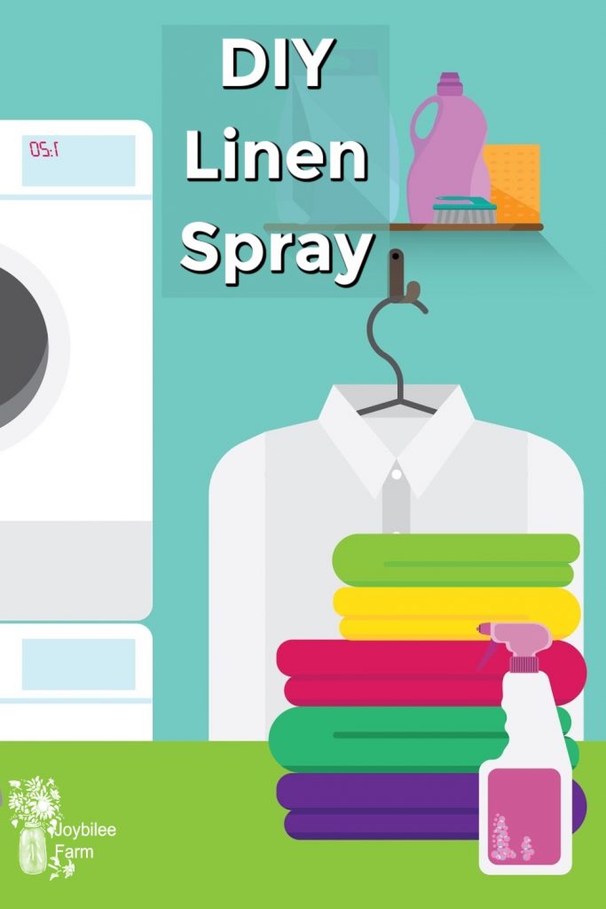 Illustration of laundry room with spray bottle and folded clothes