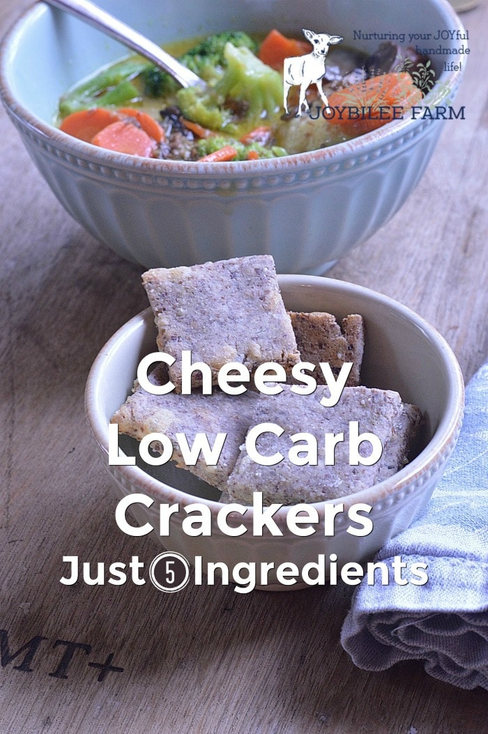 Cheesy low carb crackers are easy to make at home.  No need to pay the big bucks to get gluten-free crackers that taste like cardboard, when you can have these on the table in 40 minutes from start to finish.