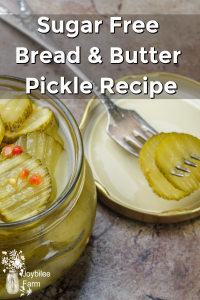 Open jar of pickles with pickles on a fork in the background