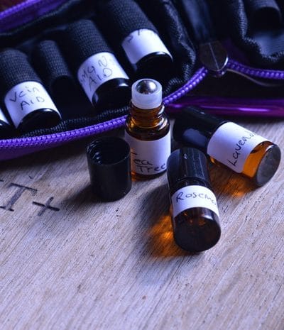 Essential oil bottles in a carrying case