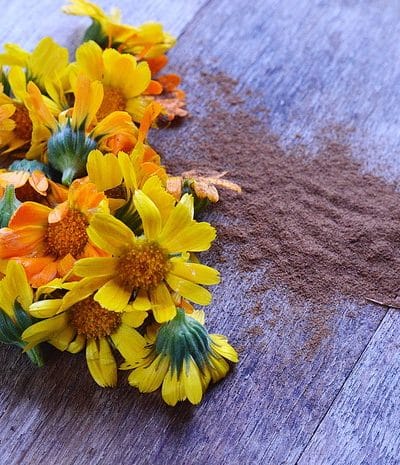 Yellow flowers by ground cinnamon on a table