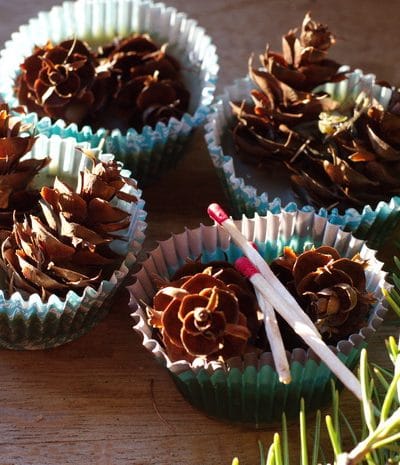 4 homemade pine cone fire-starters on a table