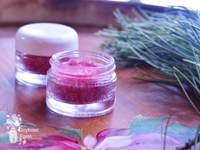 diy lip scrub with pink mica pigment in a half ounce plastic container