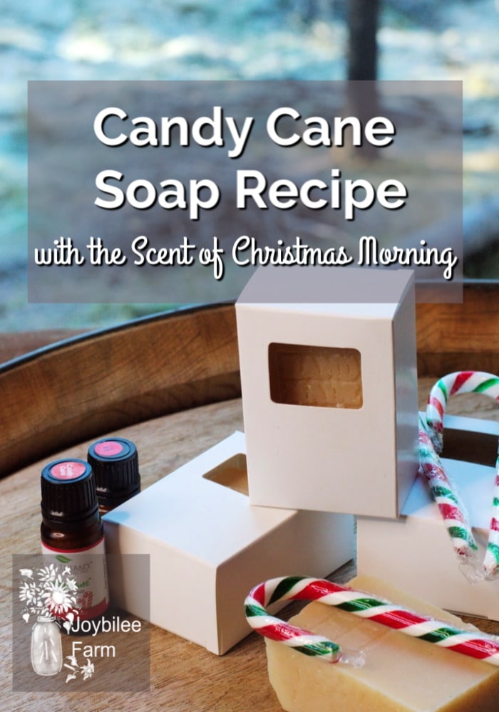 candy cane soap recipe on a table with Christmas items