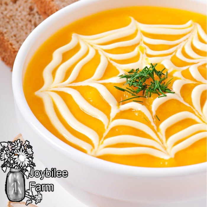 creamy squash soup in a bowl with a cream design and chives on top.