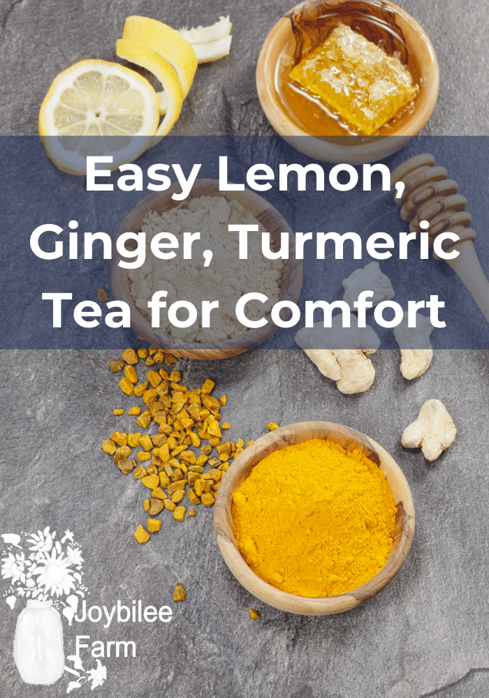 lemon ginger turmeric and honey for tea, on a blue background
