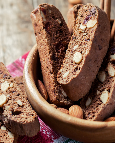 chocolate biscotti in a wooden bowl