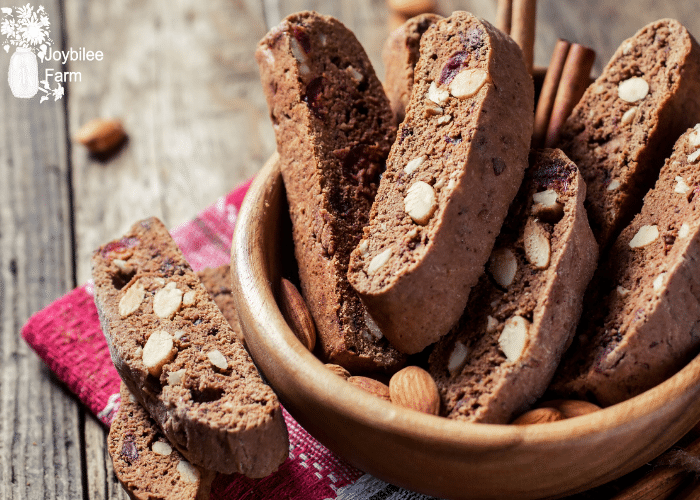 chocolate biscotti in a wooden bowl