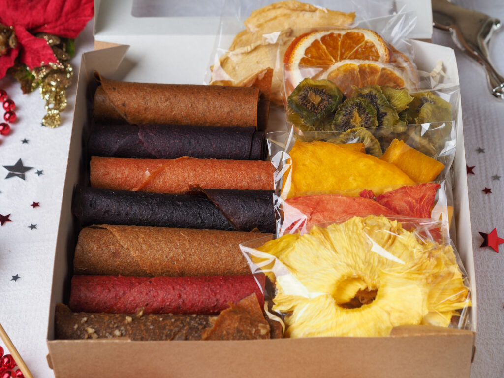 Fruit leather and dehydrated fruit in a box