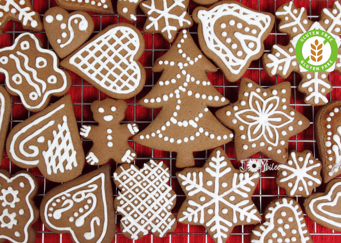 Gingerbread Cookies in assorted shapes and decorated with royal icing.