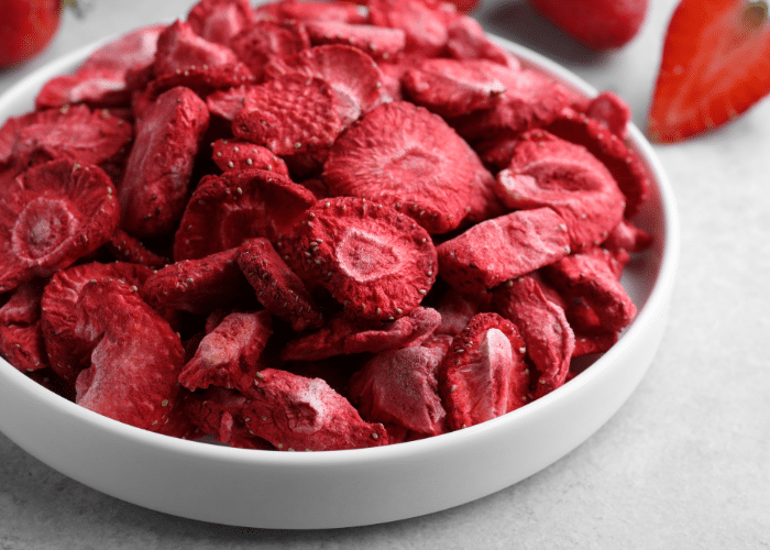 freeze dried strawberries in a white bowl