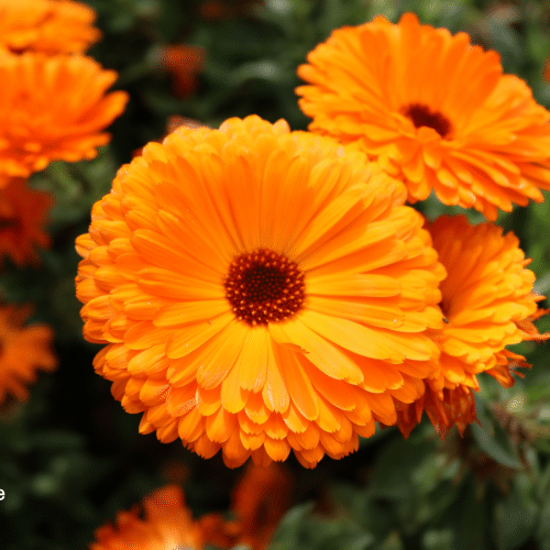 orange calendula flowers on a dark green plant